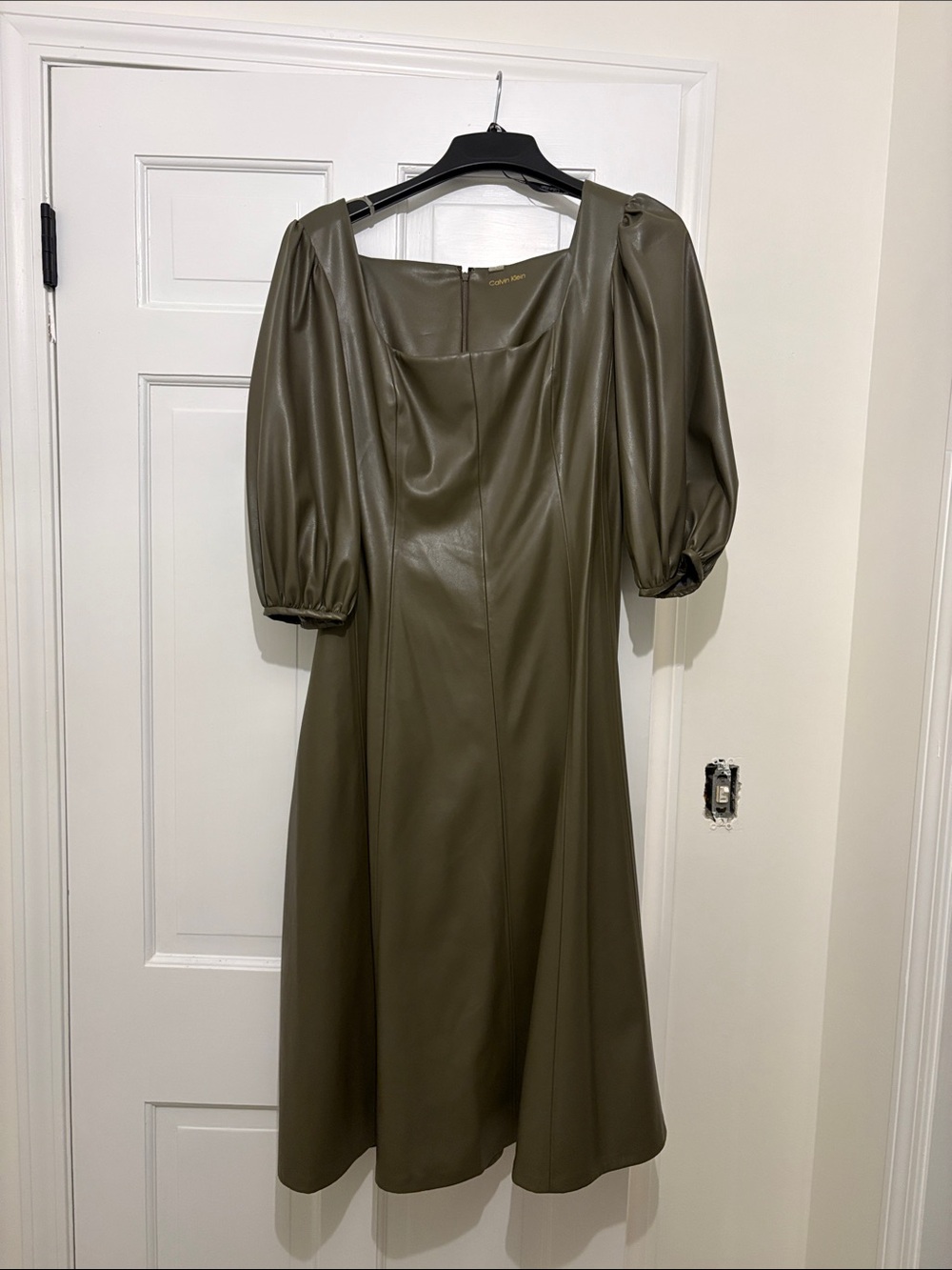 Calvin Klein Olive Faux Leather Midi Dress with Puff Sleeves